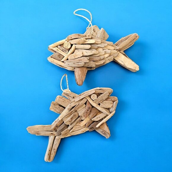 Driftwood Fish Nautical‎ Beach Sculpture Decor Set Of 2 Hanging 12 Inches Wood